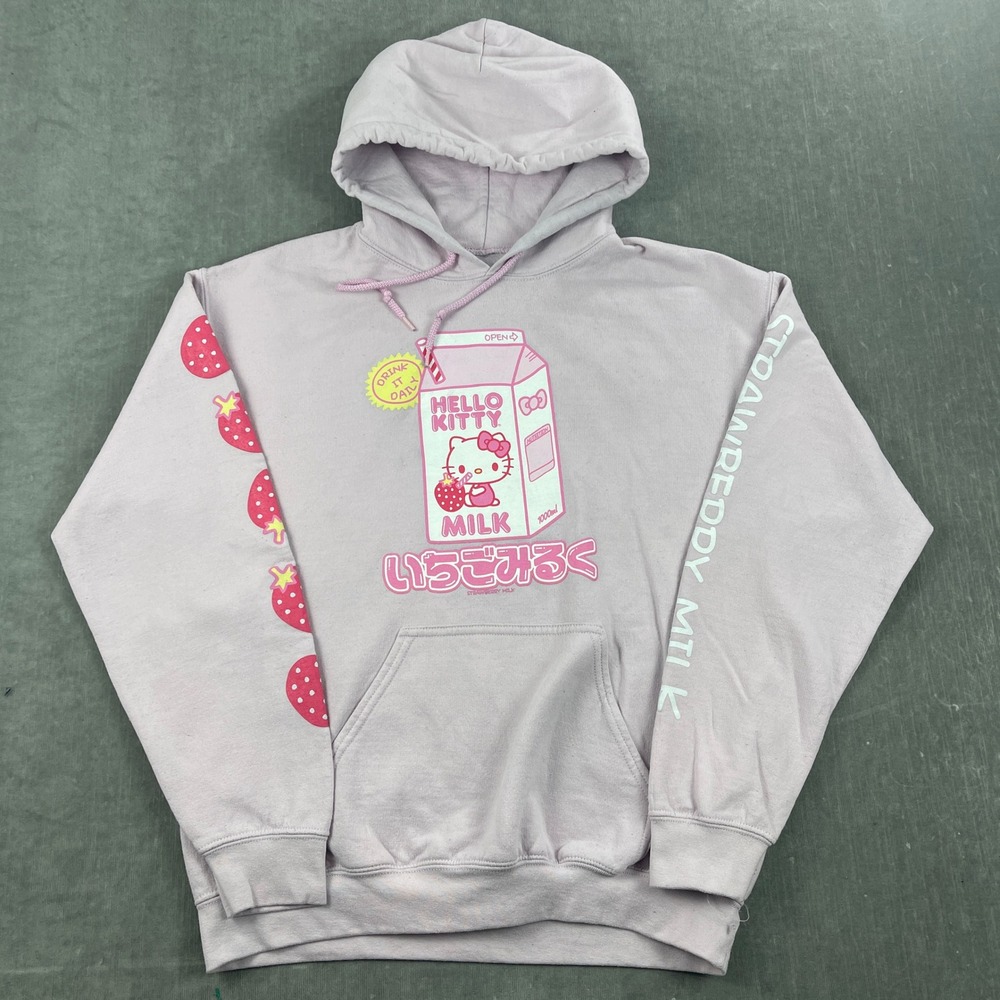 Hello Kitty Women Medium Pink Strawberry Milk Hoodie Kawaii Graphic Sweatshirt